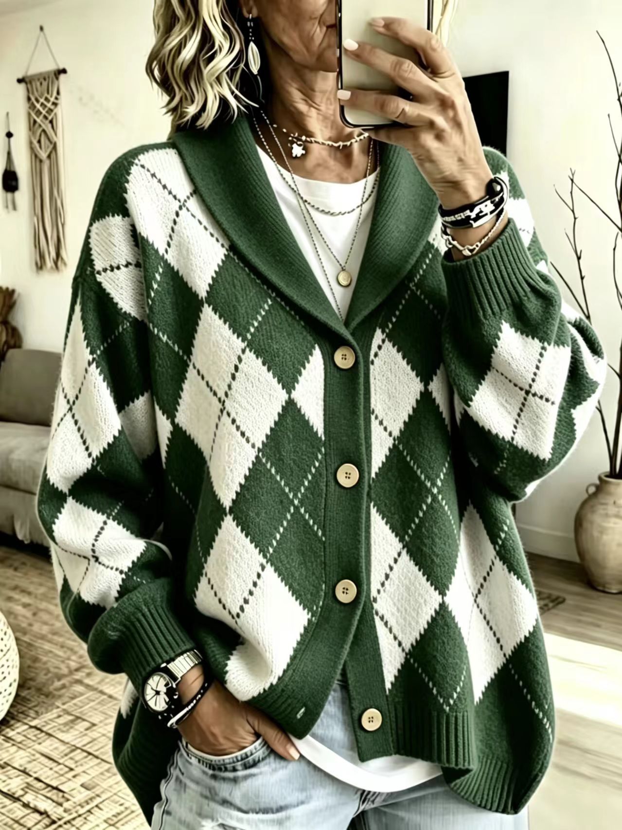 Diamond Plaid Button-Front Cardigan Sweater with Suit Collar