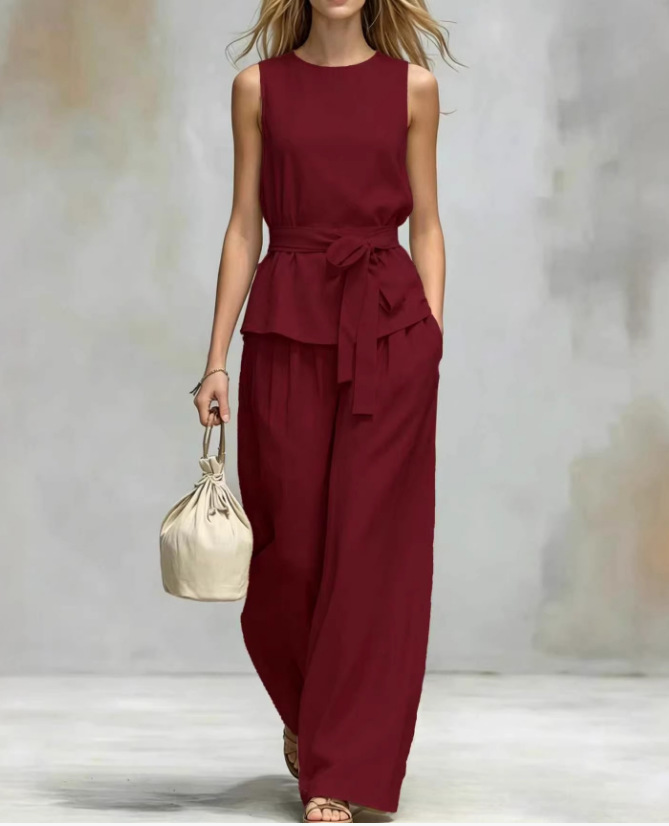Women's Sleeveless Top and Belted Pants Two-Piece Set