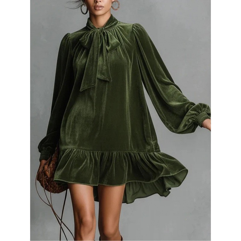 Velvet Long Sleeve Bow-Tie Irregular Solid Dress
