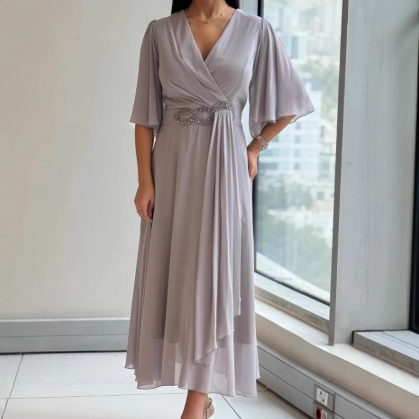 Women's V-Neck Ruched Long Dress Solid Color