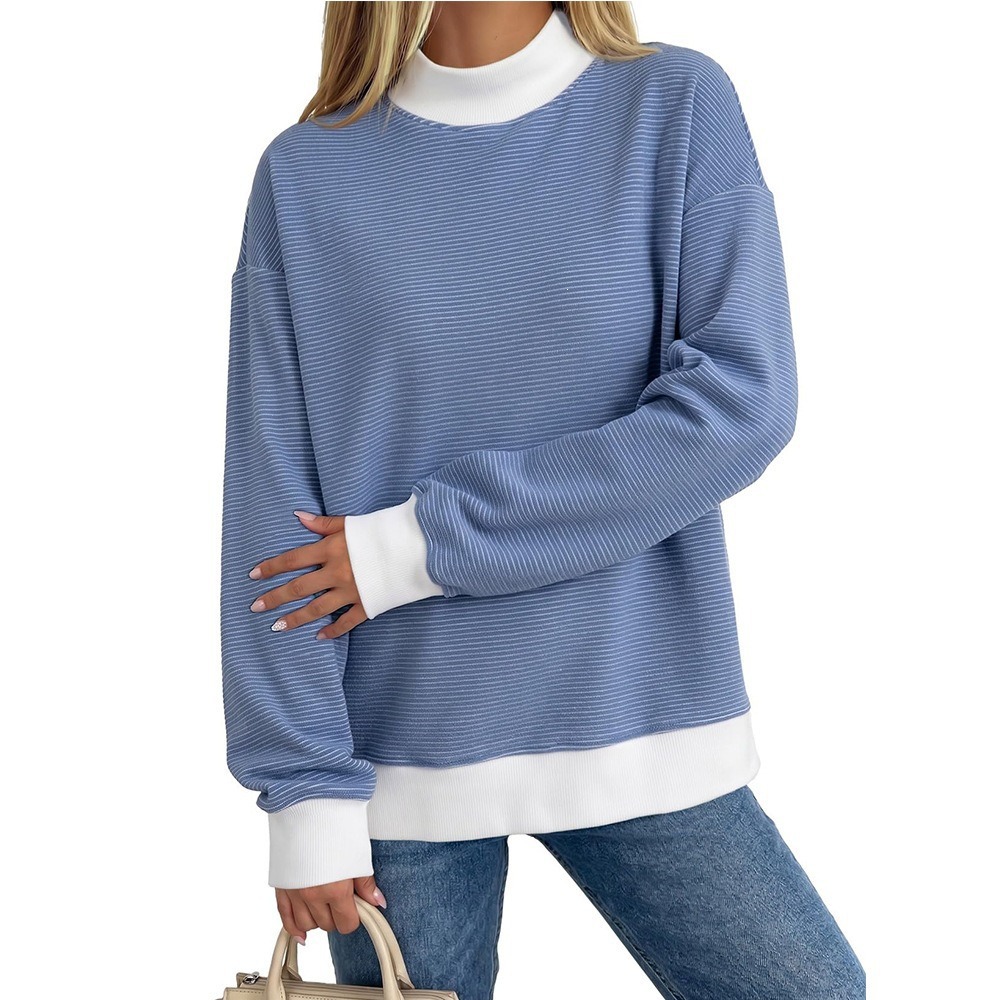 Women's Brushed Striped Colorblock Crewneck Knit Top Loose Fit Long Sleeve