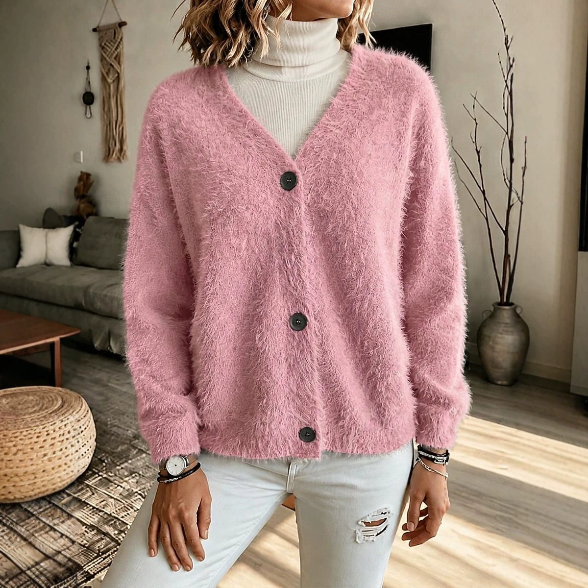 Faux Mink Knit Cardigan V-Neck Loose Long Sleeve Sweater Coat