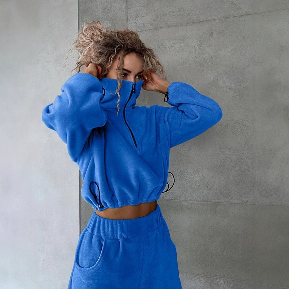 Fleece Two-Piece Set: Half-Zip Turtleneck Cropped Hoodie & High-Waist Joggers