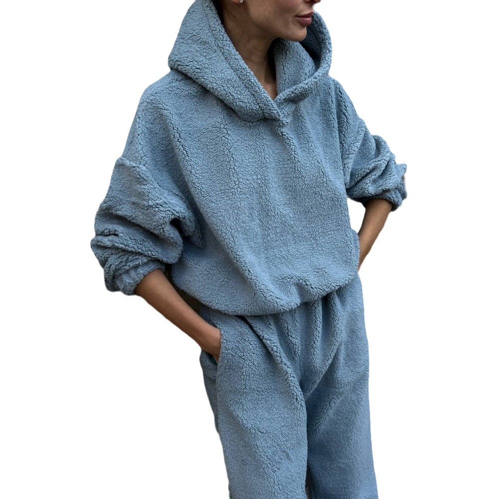 Fleece Solid Color Crewneck Long Sleeve Two-Piece Pant Set for Women