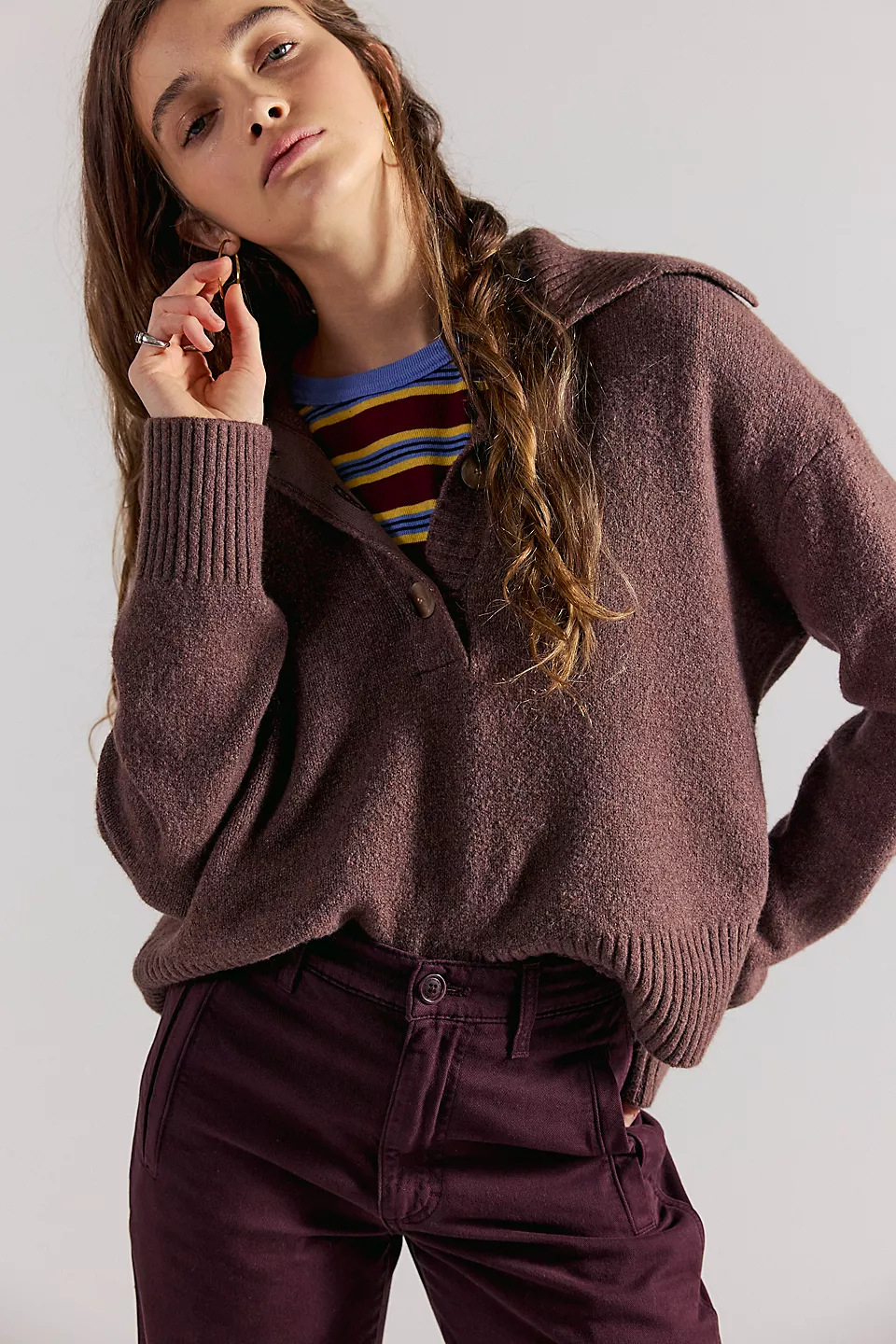 Women's Twist-Button V-Neck Knit Sweater