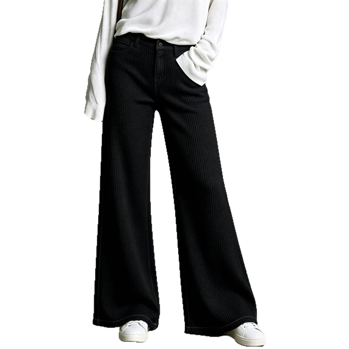 Waffle Knit High-Waist Straight-Leg Pants