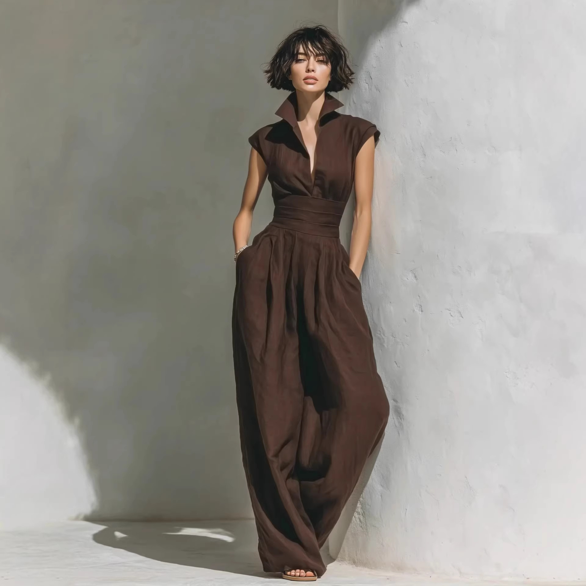 Women's Sleeveless V-Neck Solid Midi Dress with Waist