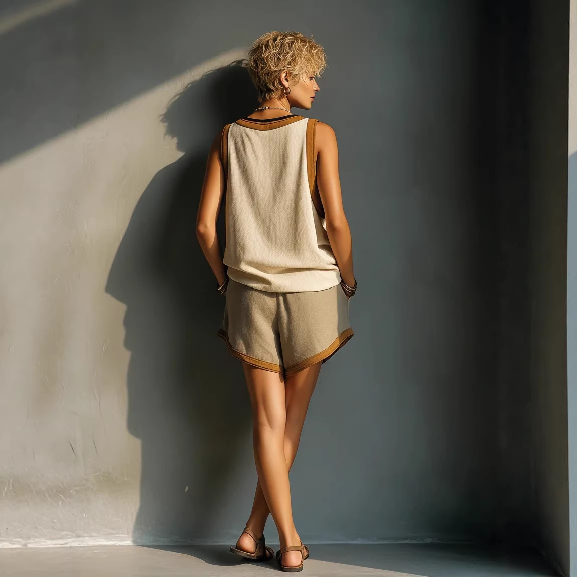 Women's Color-Block V-Neck Sleeveless Shorts Set
