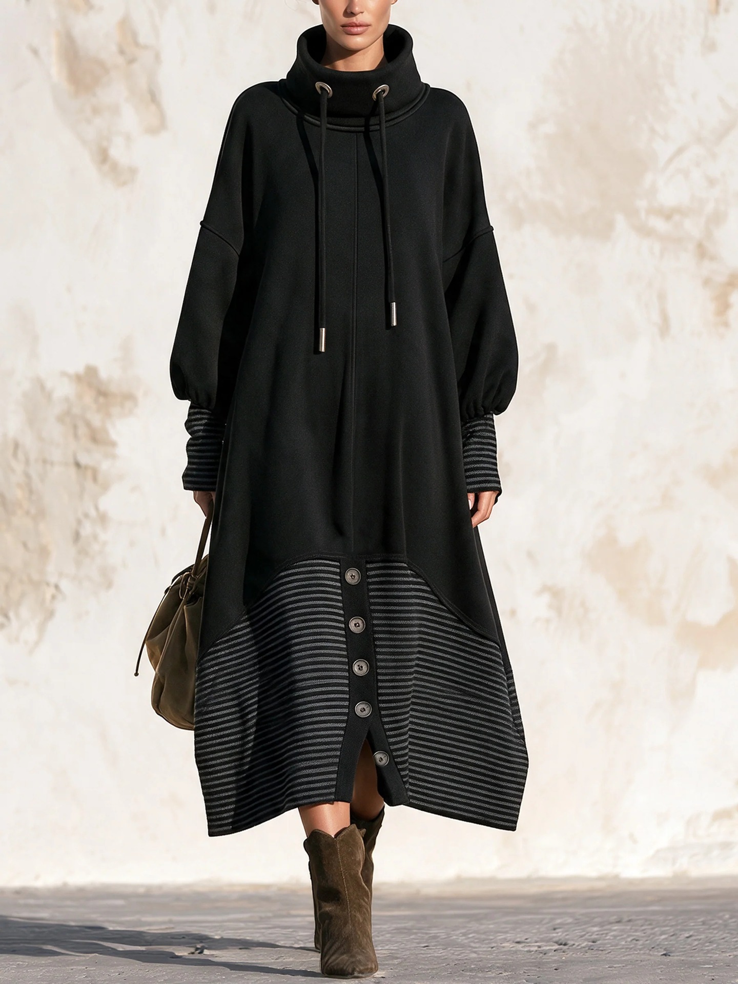 High Neck Drawstring Striped Sweatshirt Maxi Dress Puff Sleeve Button Slit