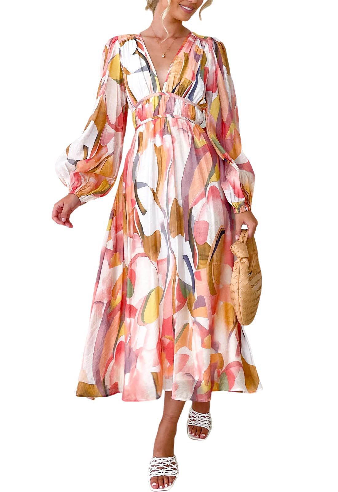 Bohemian Deep V-Neck Floral High-Waist Long-Sleeve Midi Dress