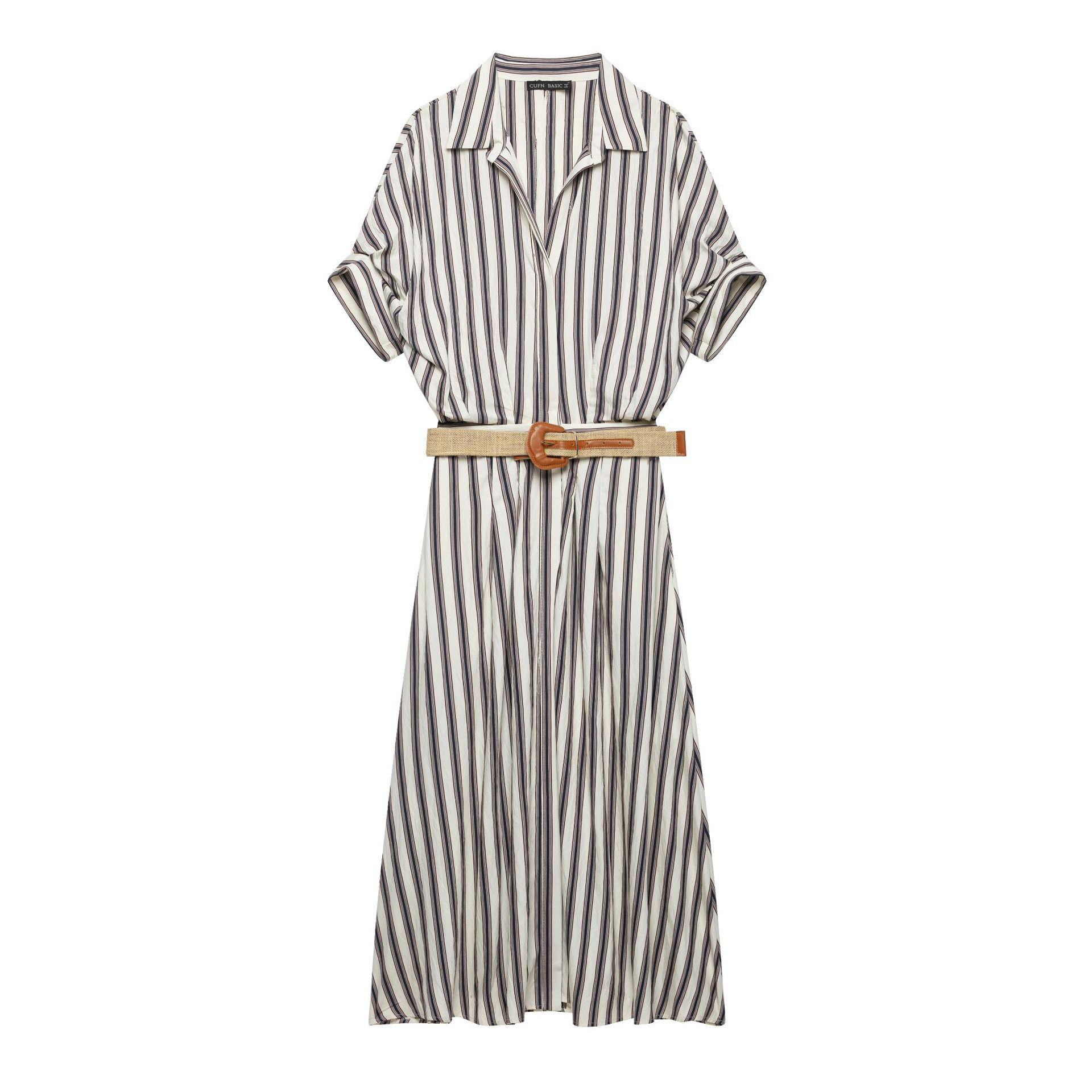 Striped Print Button-Front Shirt Dress Casual Midi