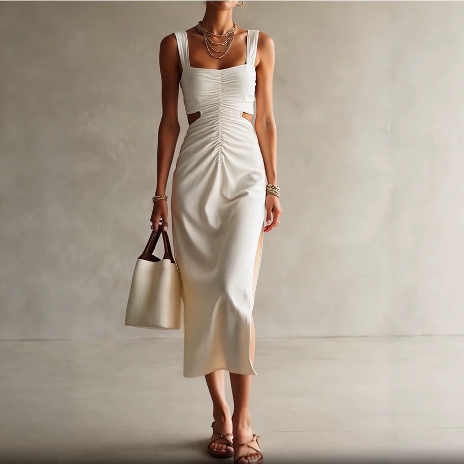 Ruched Waist Cami Dress with Side Slit