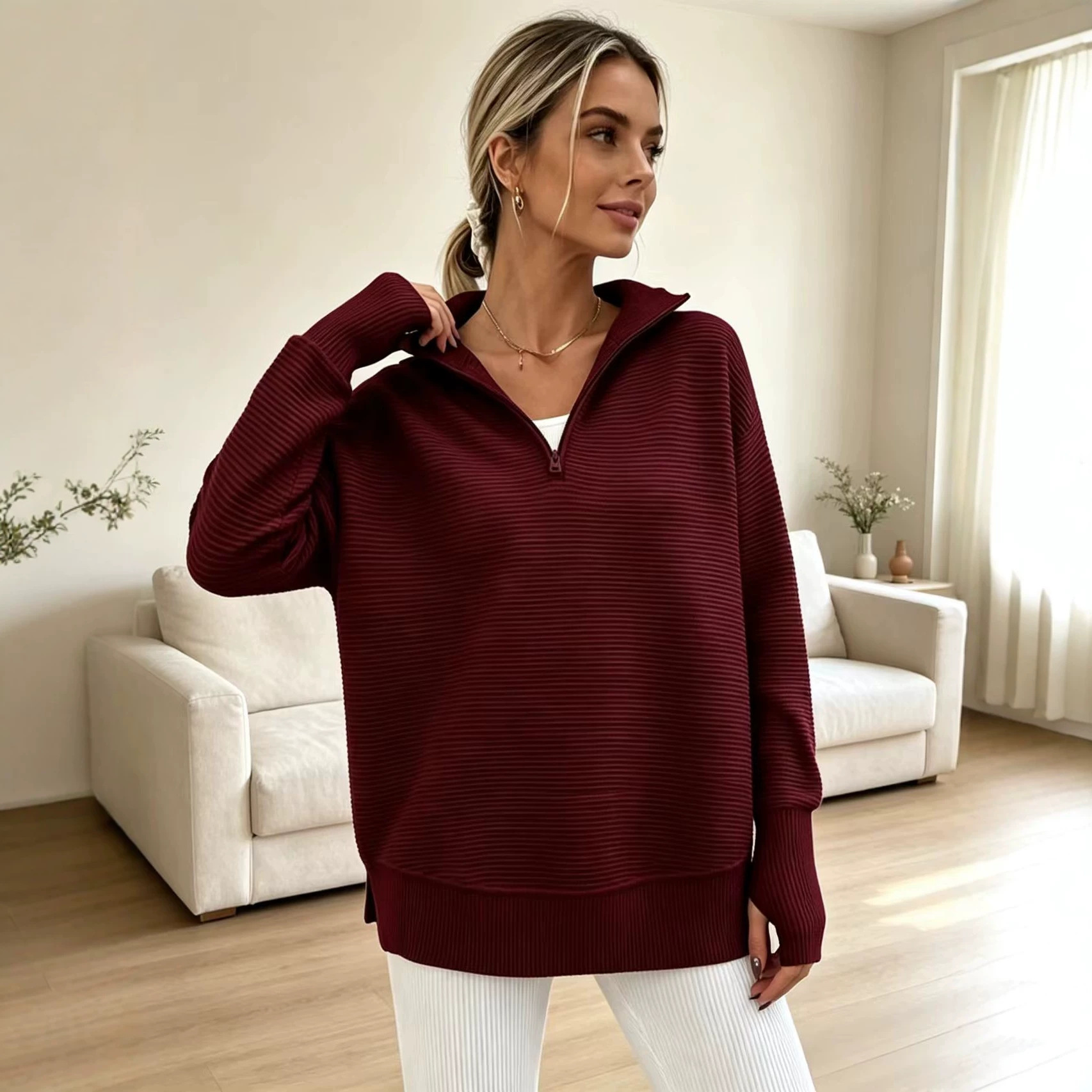 Women's Knit Half-Zip V-Neck Loose Midi Pullover Sweater with Dolman Sleeves