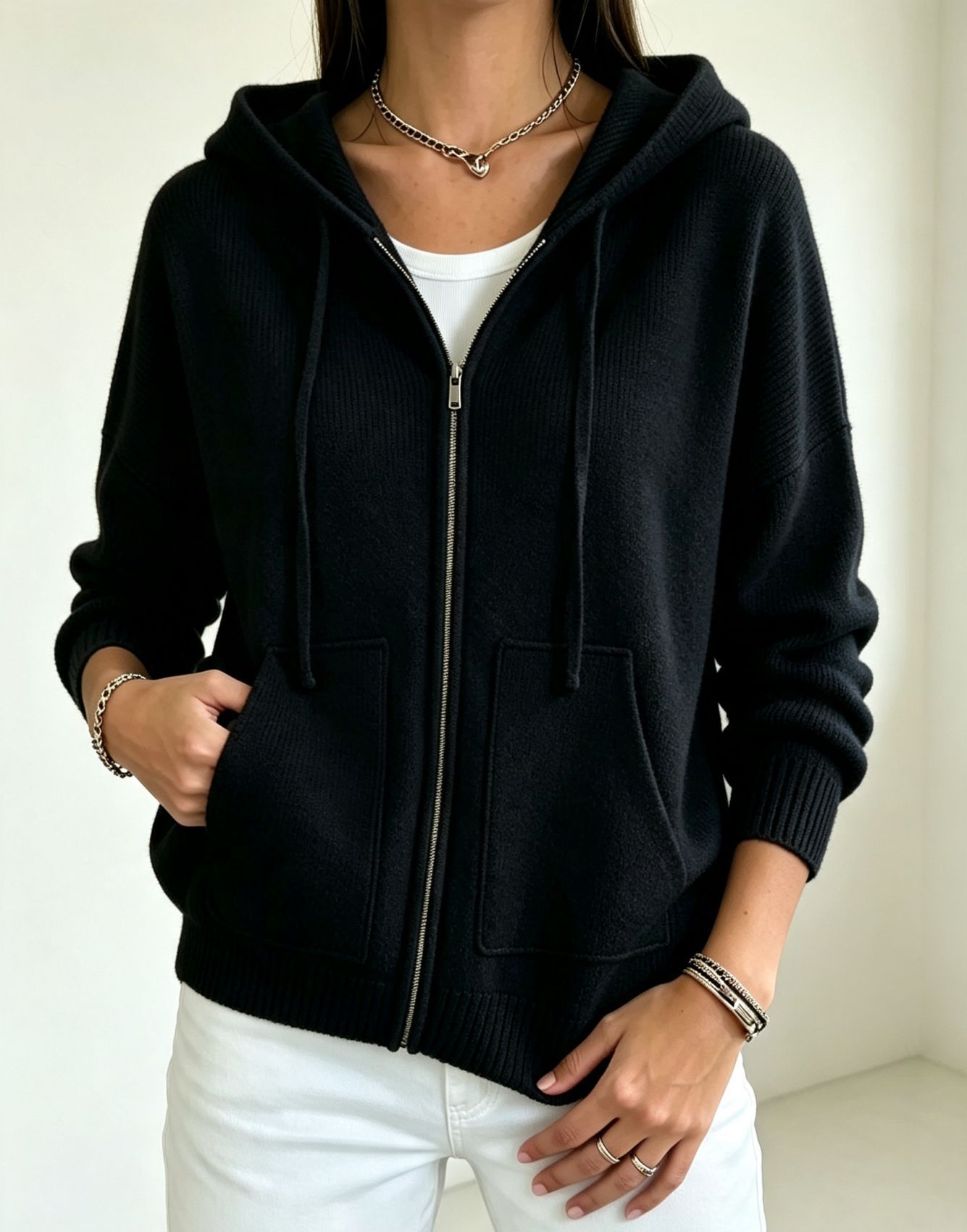 Women's Solid Hooded Zip-Up Knit Cardigan Loose Fit
