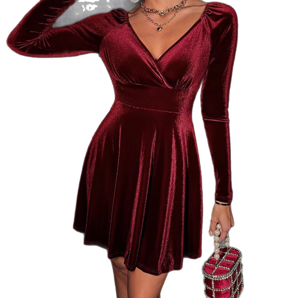 Long Sleeve Velvet A-Line Cocktail Dress Elegant Slimming Party Dress
