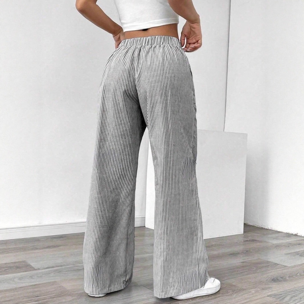 Striped Wide-Leg Lounge Pants for Women, Lightweight Straight-Cut Casual Trousers