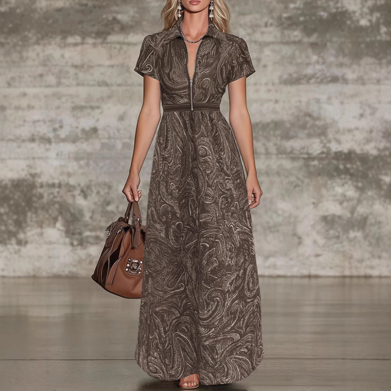 Retro Paisley Print Collared A-Line Midi Dress