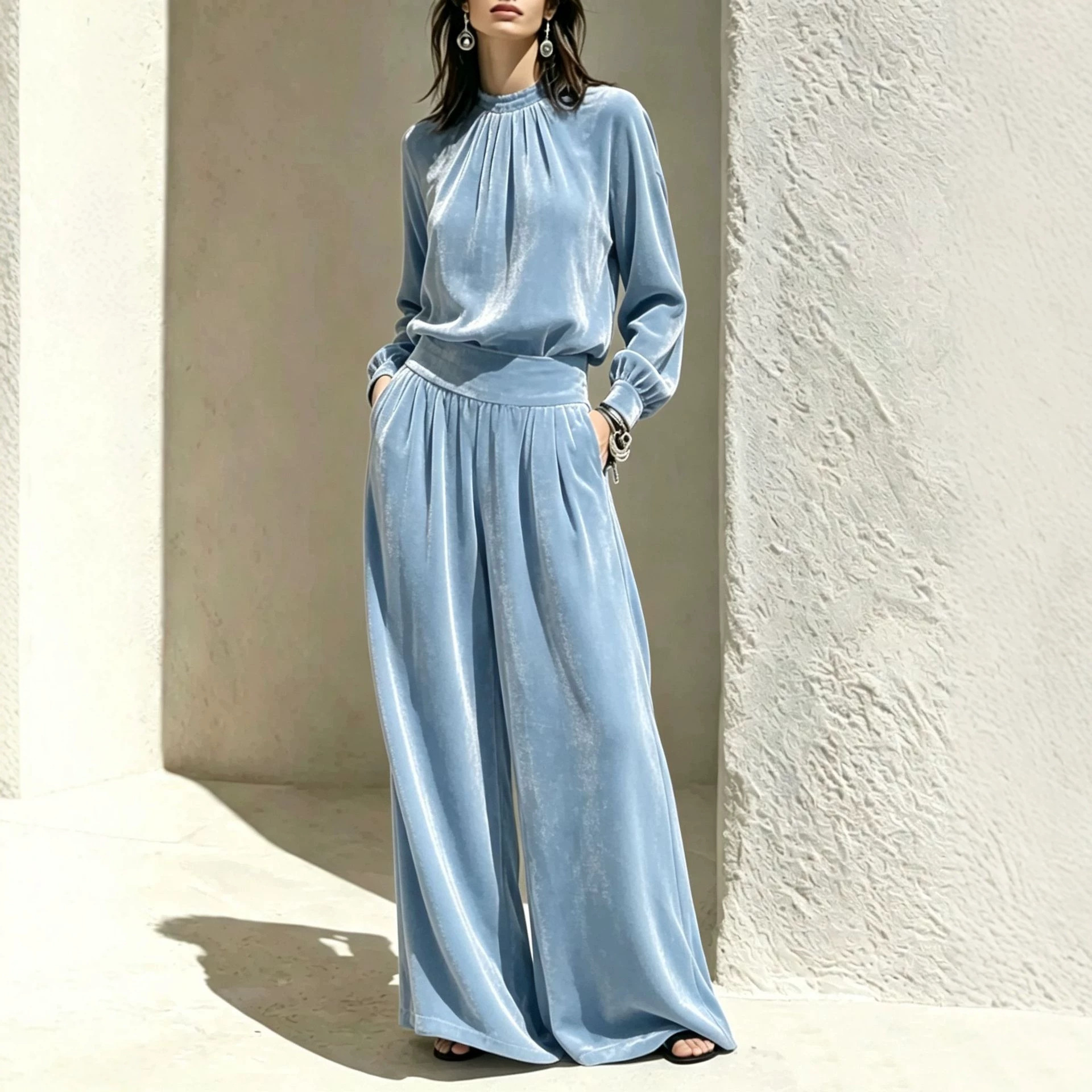 Wide-Leg Velvet Two-Piece Set with Long-Sleeve Top