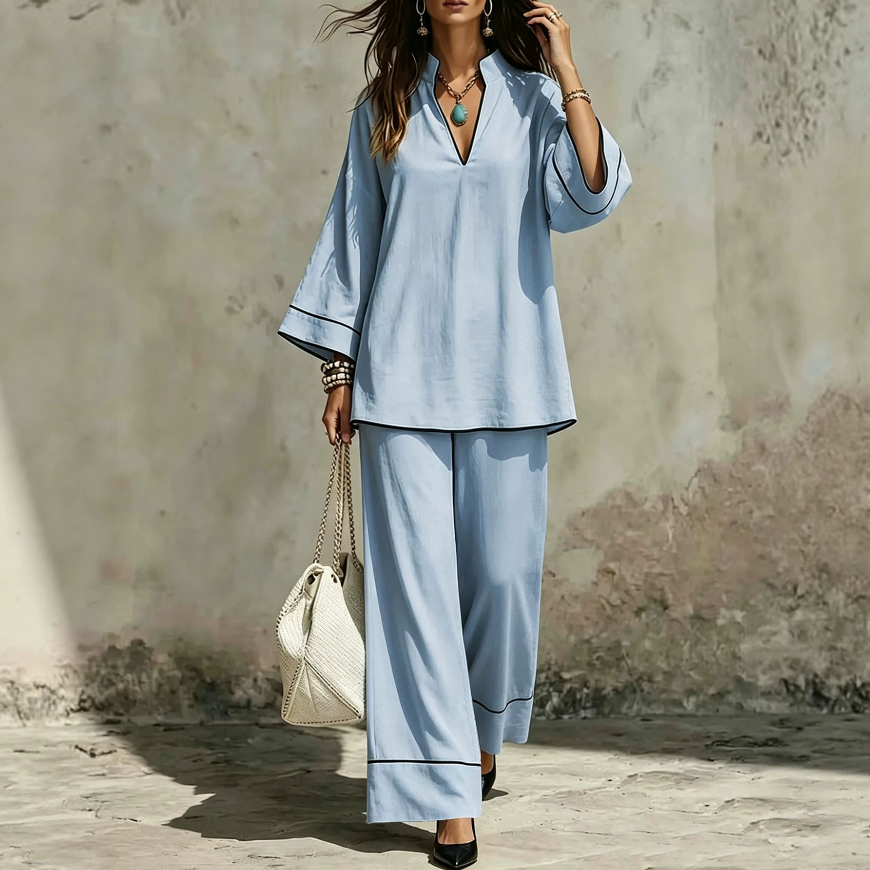 Women's Casual Two-Piece Set Long Sleeve V-Neck Colorblock T-Shirt and Pants