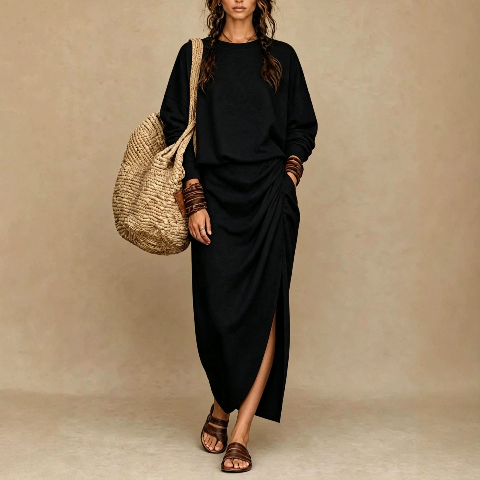 Women's Long Sleeve Crewneck Ruched Slit Knit Loose Casual Dress