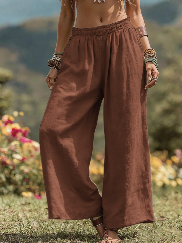 Women's Solid Color Wide-Leg Cotton Linen Pants with Pockets