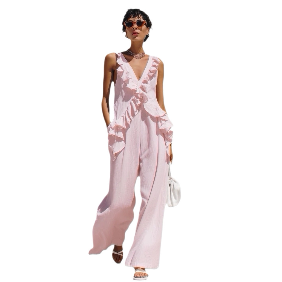Ruffled Sleeveless V-Neck Solid Cotton-Linen Jumpsuit