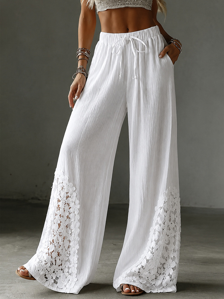 Women's Solid Lace Pocket Drawstring Wide-Leg Pants