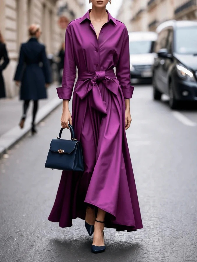 Long Sleeve Collared Solid Long Dress with Tie Belt