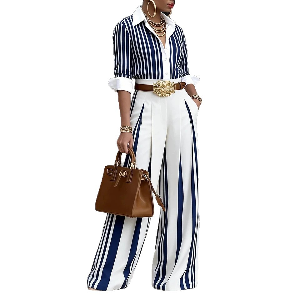 Women's Striped Straight-Leg Pants Set Casual Commuter Two-Piece