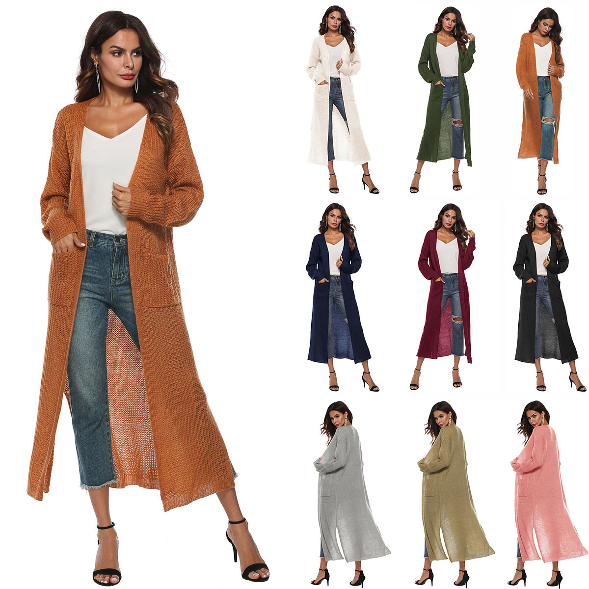 Mohair Cardigan Women's Long Open Front Split Pocket Sweater Coat