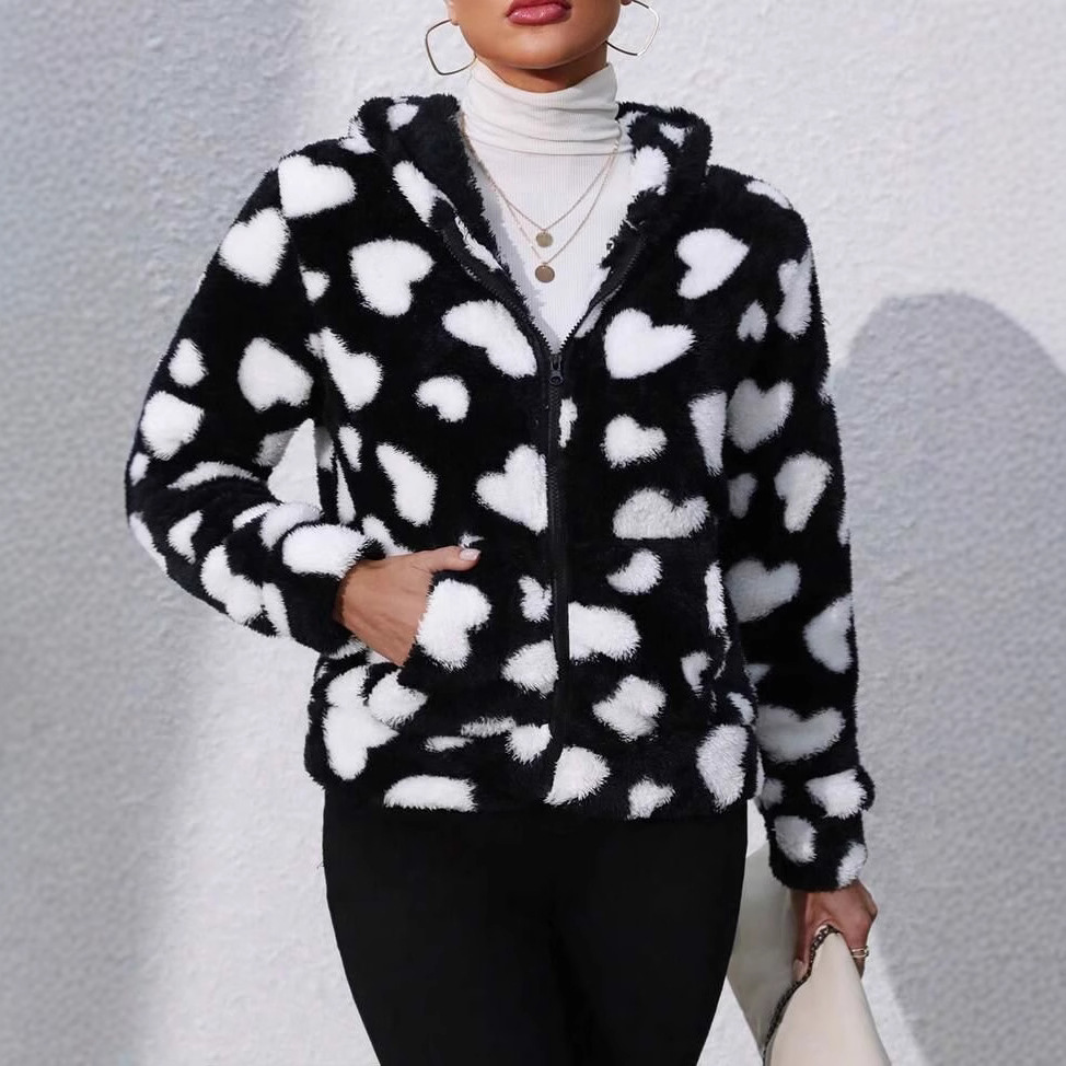 Women's Fuzzy Fleece Zip-Up Hooded Jacket with Geometric Print