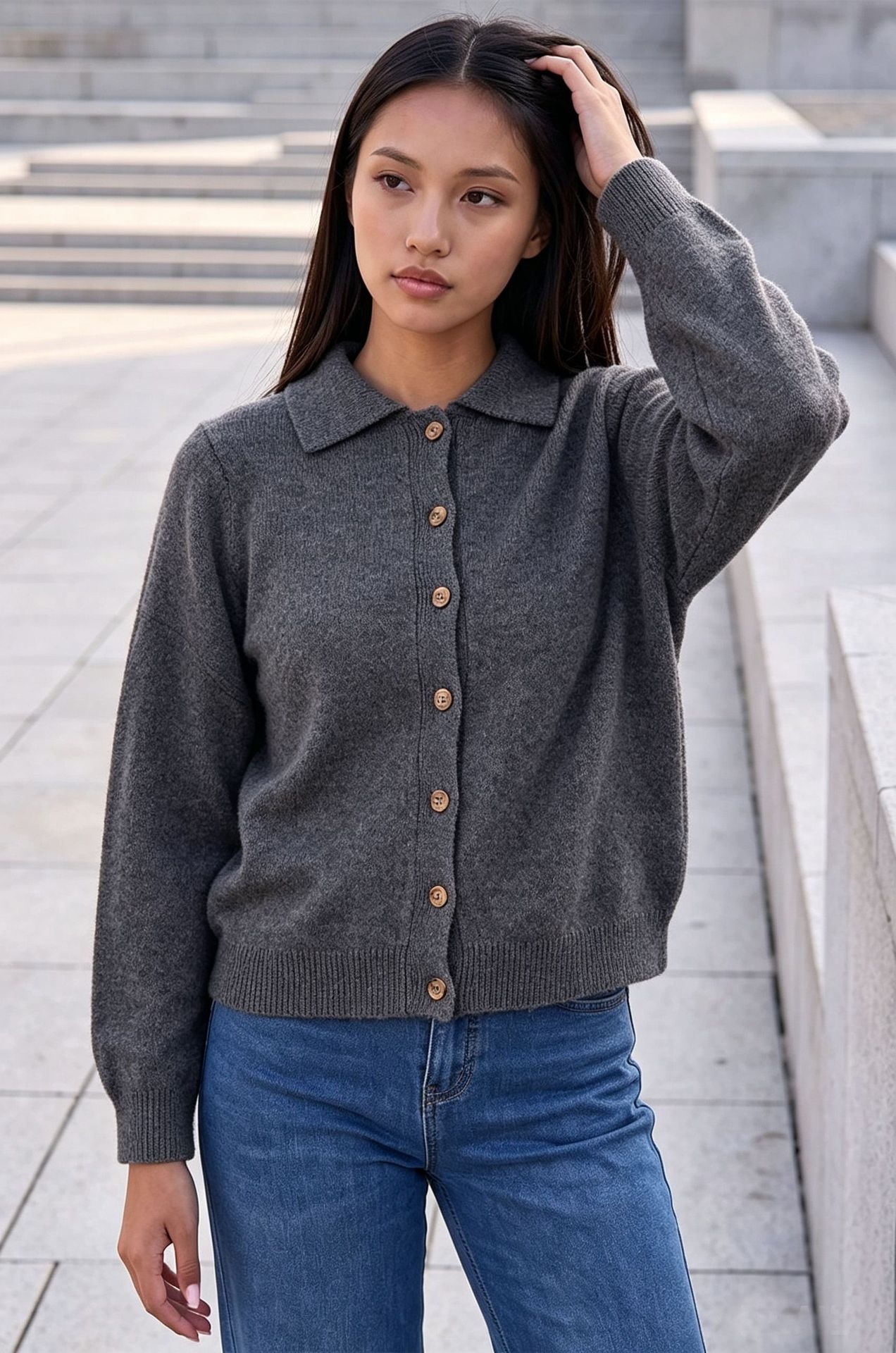 Women's Polo Collar Knit Cardigan Long Sleeve Short Coat