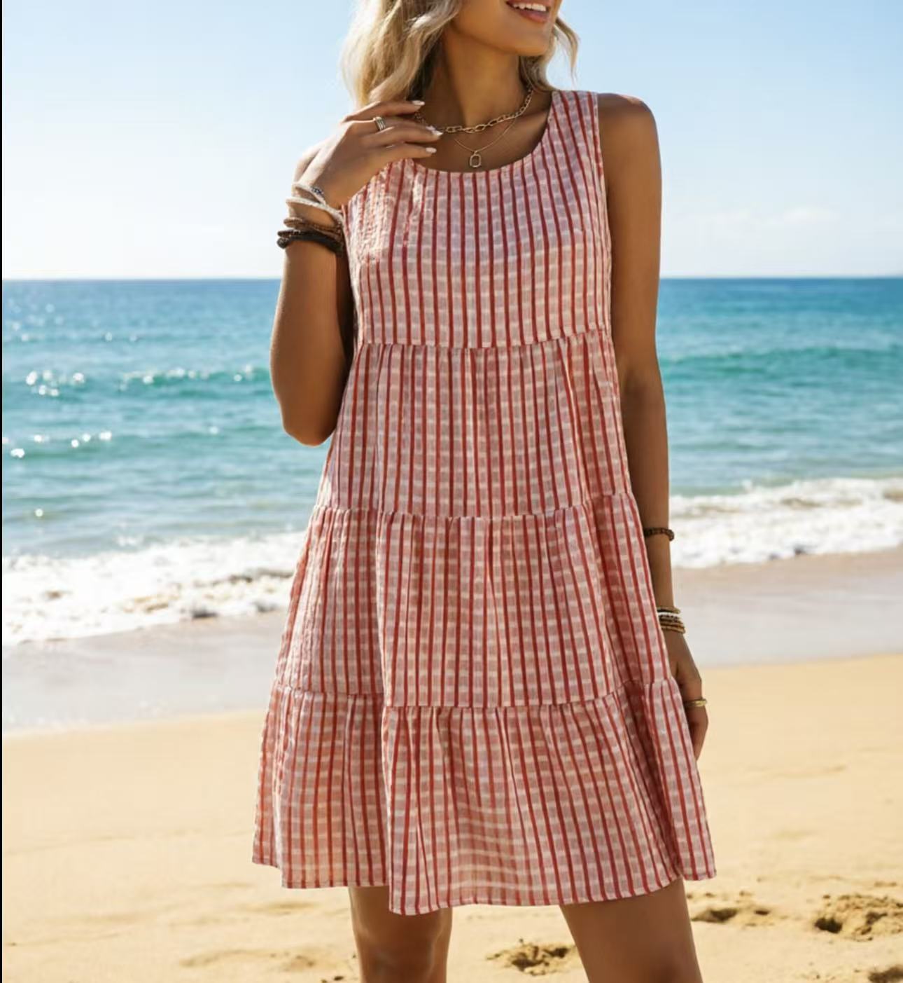 Ruffled Sleeveless Plaid A-Line Midi Dress