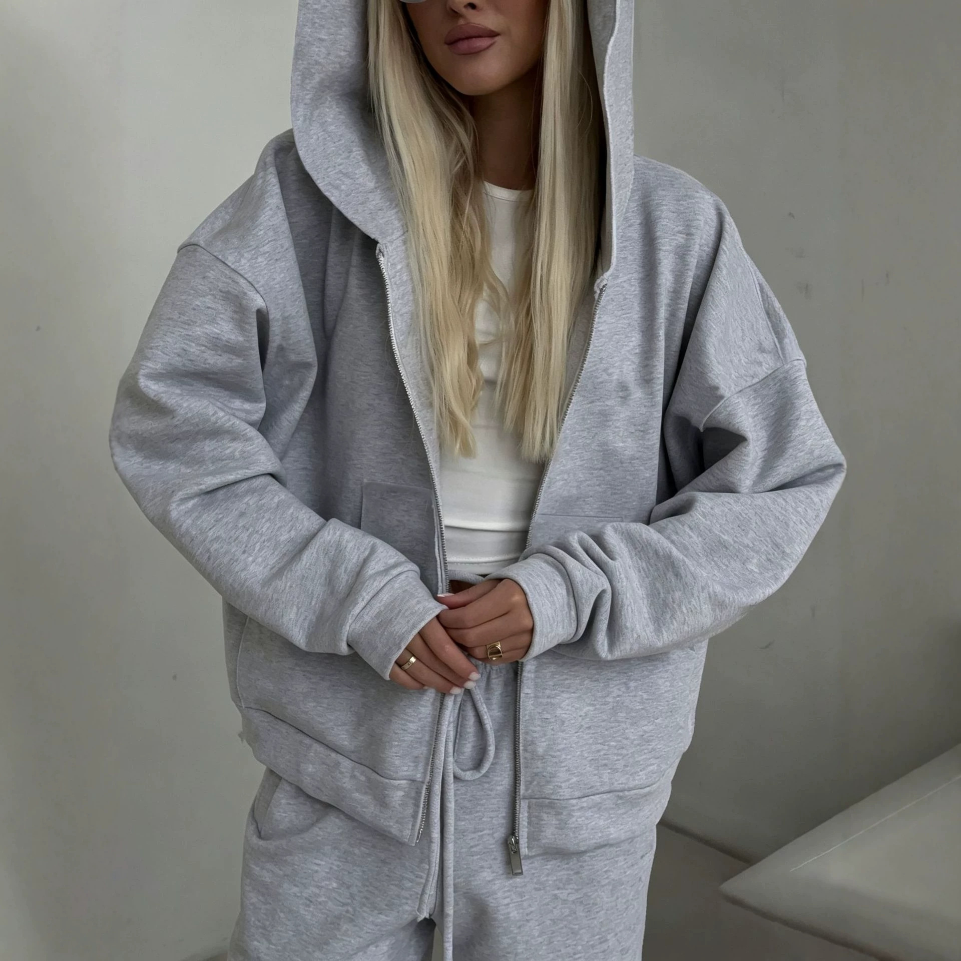 Women's Zip-Up Hooded Cardigan and Drawstring Pants Two-Piece Casual Set