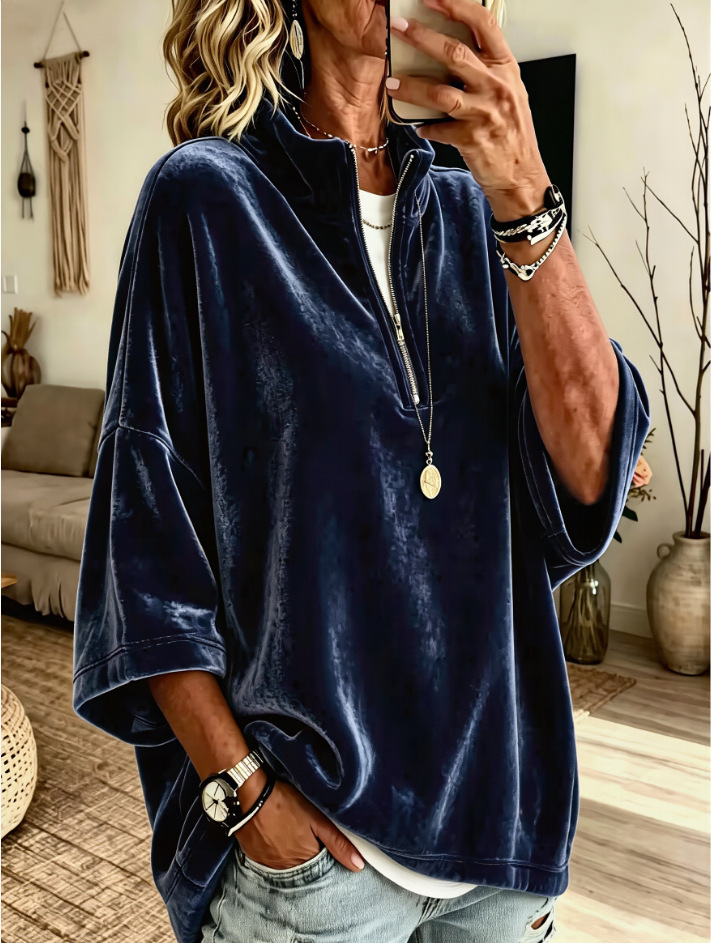 Women's Loose Half-Zip Suede-Feel 3/4 Sleeve Sweatshirt Solid Color Casual Top