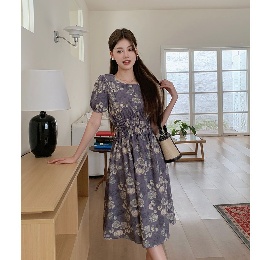 Women's French Style Purple Floral Midi Dress with Cinched Waist