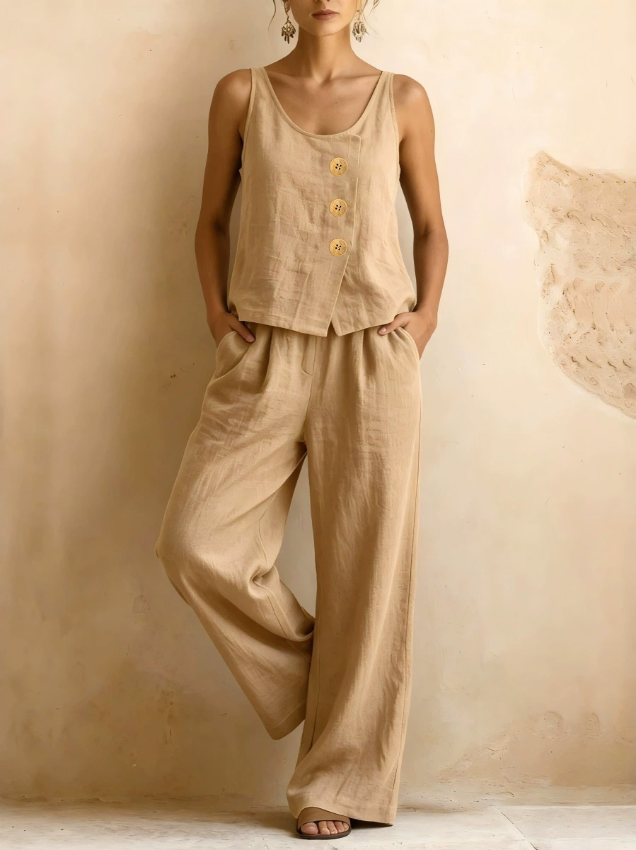 Women's Sleeveless Vest & Wide-Leg Pants Cotton-Linen Two-Piece Set