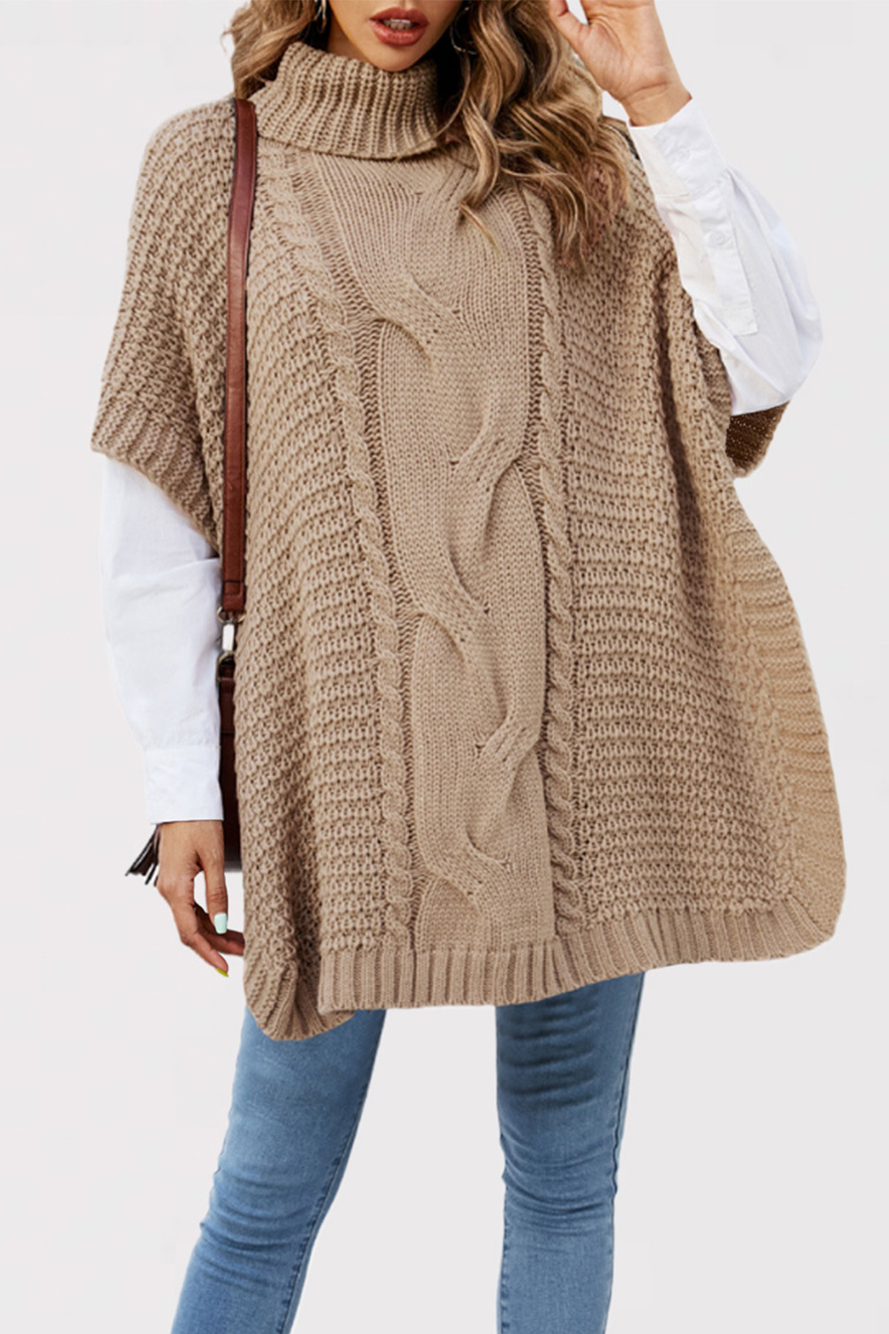 Cable-Knit Turtleneck Poncho Sweater Women's Loose Short-Sleeve Pullover