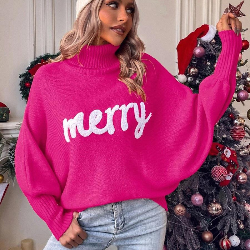Women's Christmas Turtleneck Sweater with Batwing Sleeves