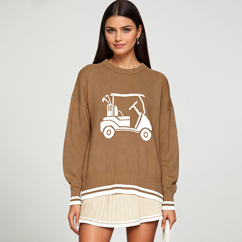 Women's Solid Crewneck Loose Long Sleeve Jacquard Knit Pullover Sweater