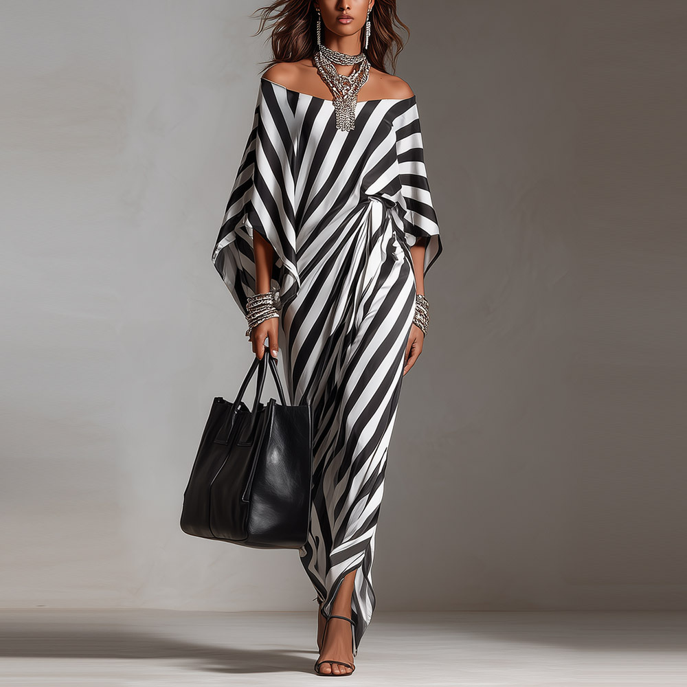Women's Loose Striped One-Shoulder Long Dress