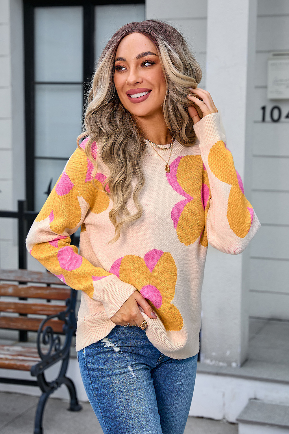 Women's Floral Print Crewneck Pullover Sweater