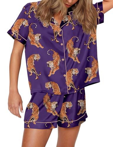 Women's Cuban Collar Animal Print Short Sleeve Shirt Set Casual Summer