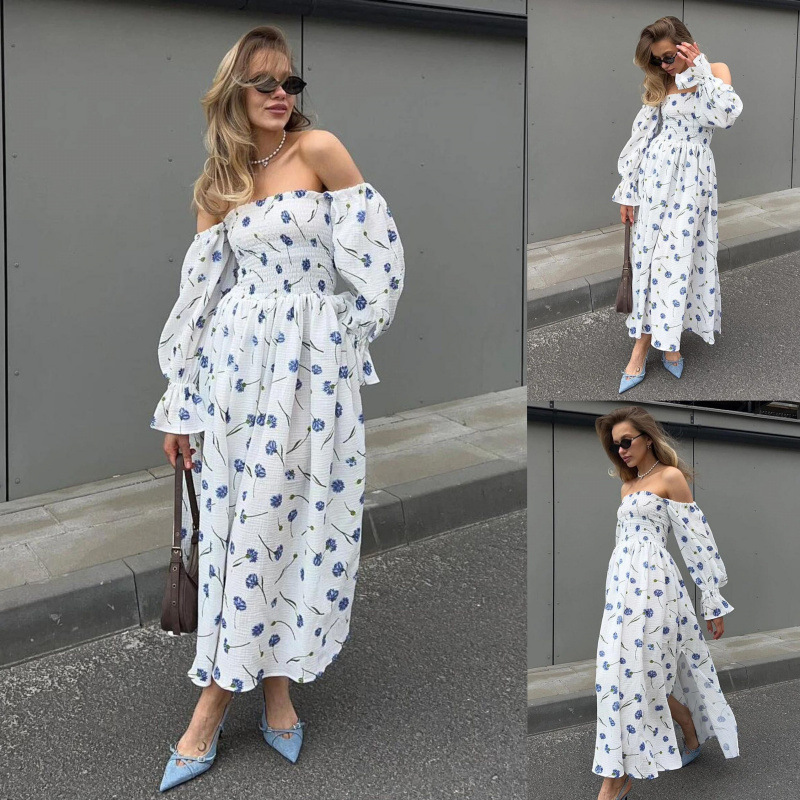 Off-Shoulder Floral Pleated Lantern Sleeve Long Sleeve Dress