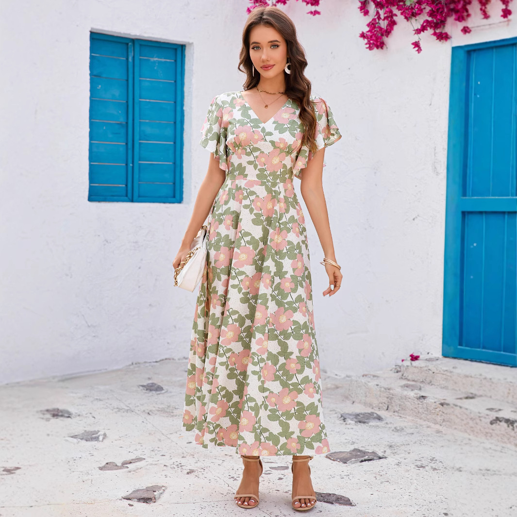 Floral Print V-Neck Ruffle Short Sleeve Slim Fit Flared Midi Dress