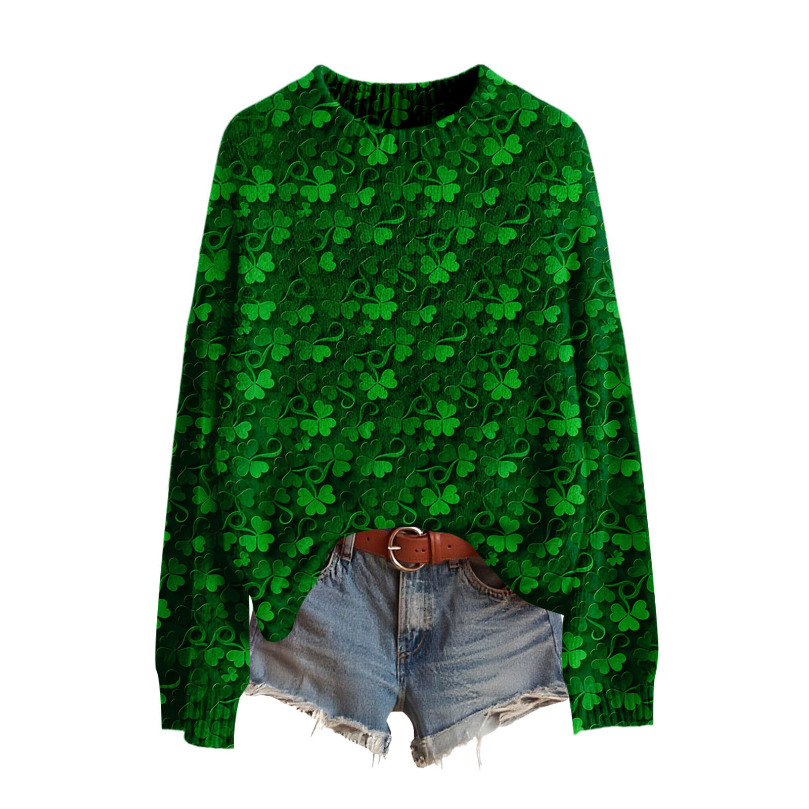 Lucky Clover Print Crewneck Sweatshirt for Women Casual Pullover