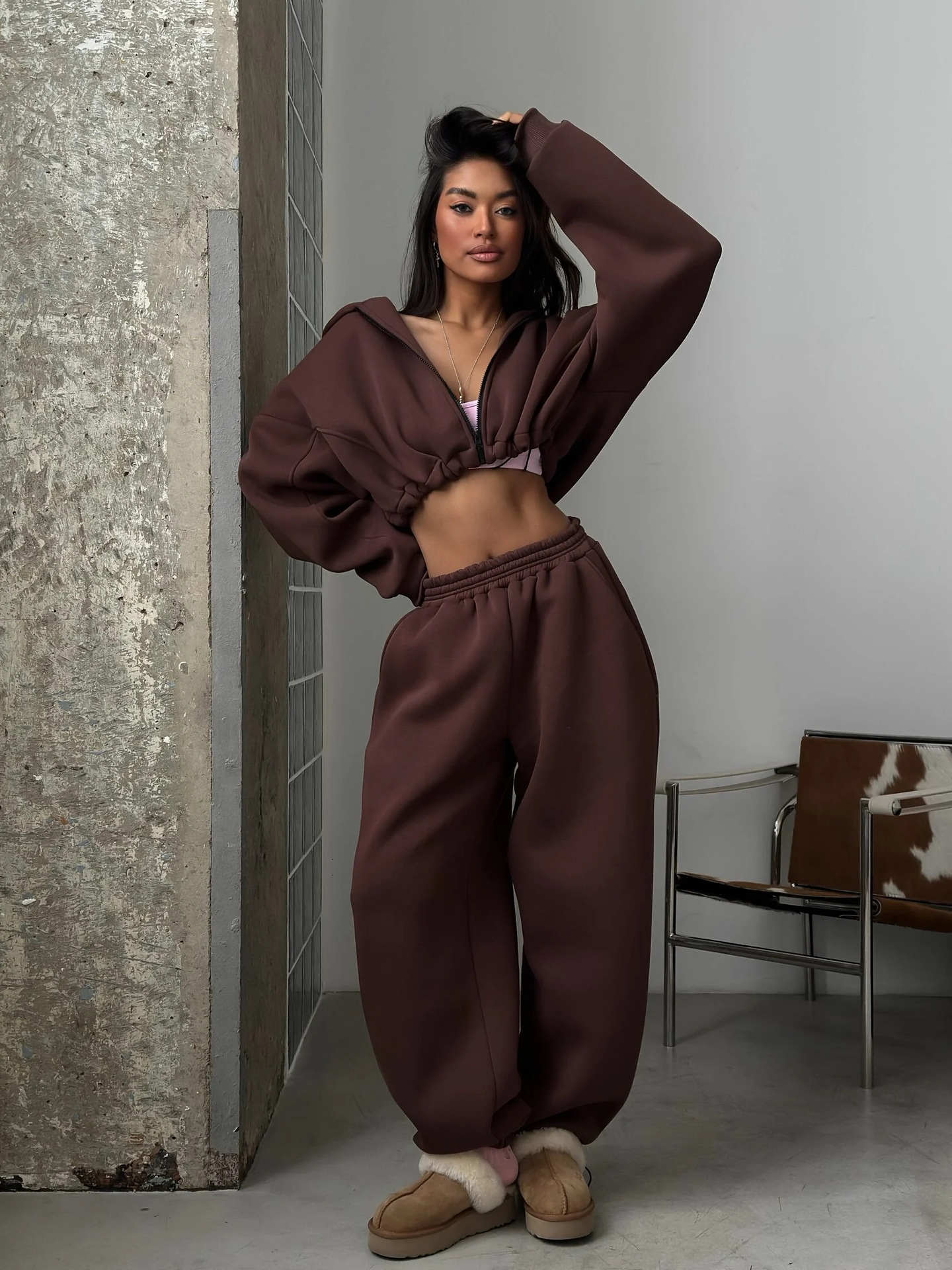 Women's Solid Color Zip-Up Hoodie and Wide-Leg Pants Two-Piece Set