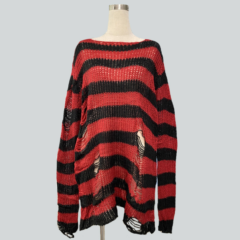Mohair-Blend Striped Oversized Pullover Sweater Women's Mid-Length Knit