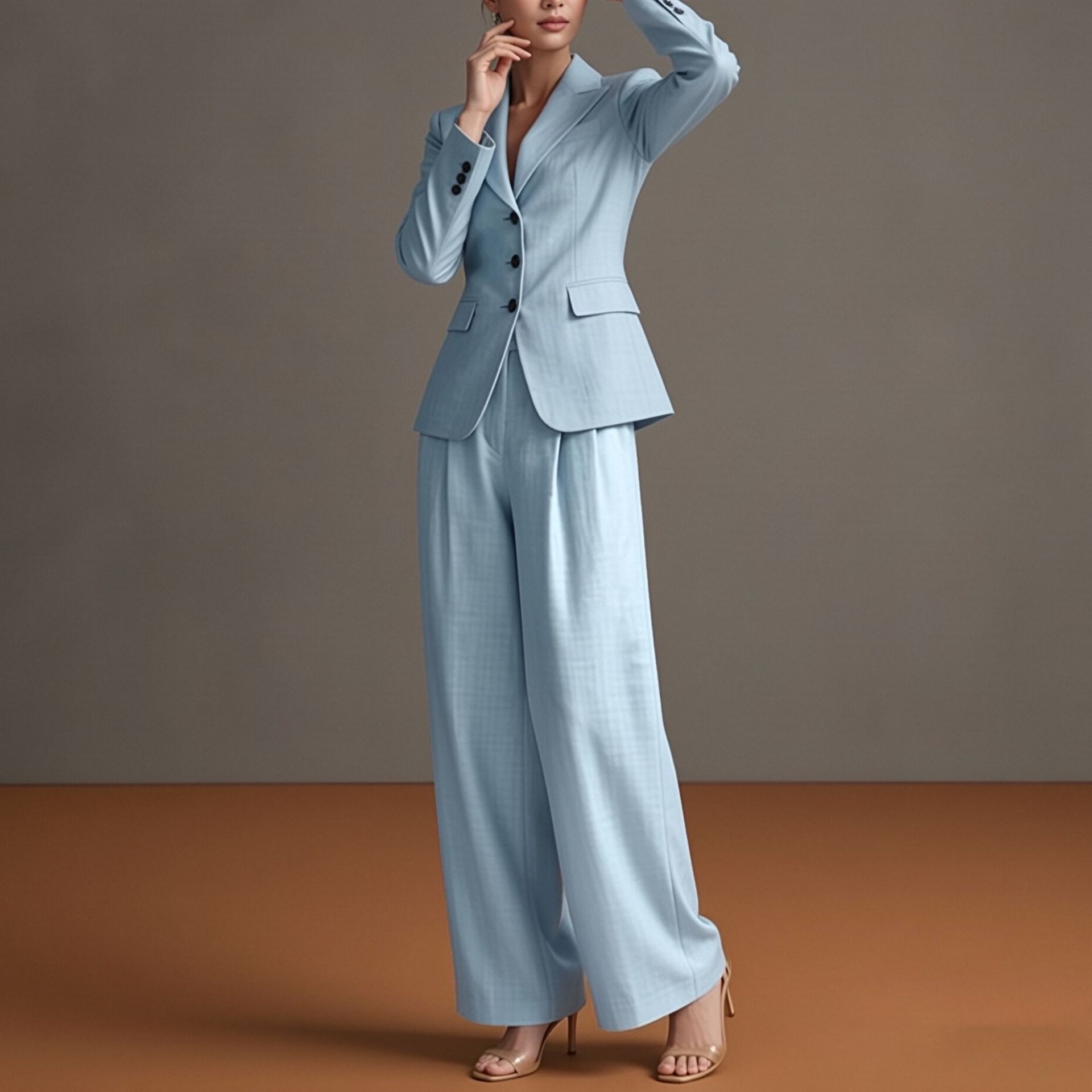 Women's Solid Color Blazer & Straight-Leg Pants Suit Set