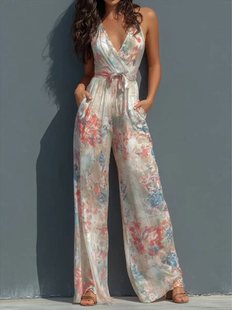 Women's Halter Deep V Printed Jumpsuit High Waist Tie Wide Leg